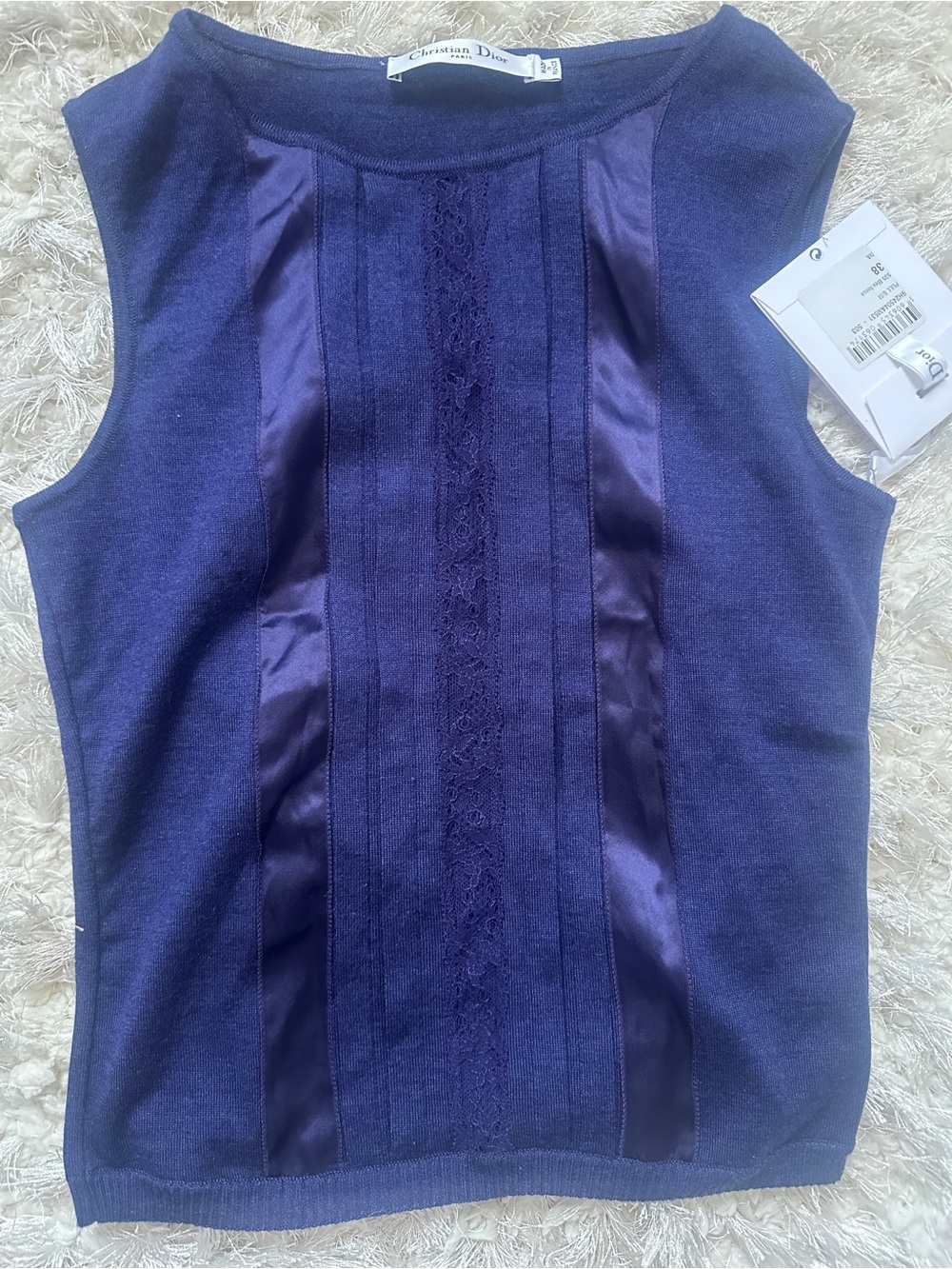 Dior Dark Navy Sleeveless Satin-Trim Top blouse Camisole S/M